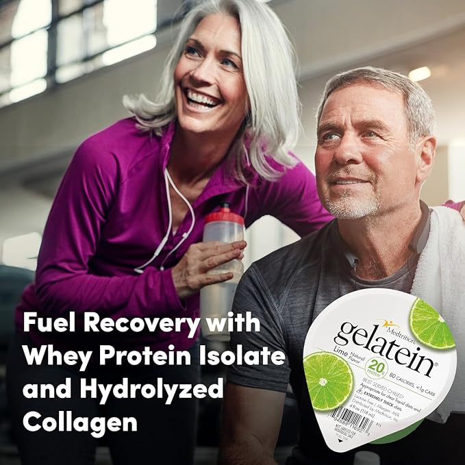 Gelatein Lime: 20 grams of protein. Sugar free. Ideal for clear liquid diets swallowing difficulties bariatric dialysis and oncology. Great pre or post-workout snack. (36 pack)