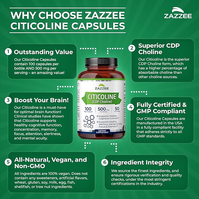 Zazzee Extra Strength Citicoline 500 mg per Serving 100 Vegan Capsules Superior CDP Choline Form 100% Vegetarian and Pharmaceutical Grade 50-Day Supply All-Natural and Non-GMO