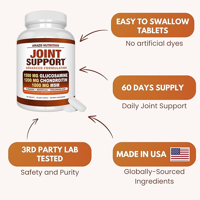 Arazo Nutrition Glucosamine Chondroitin Turmeric Msm Boswellia - Joint Support Supplement for Relief 180 Tablets for Bones Back Knees Hands (180 Tablets)