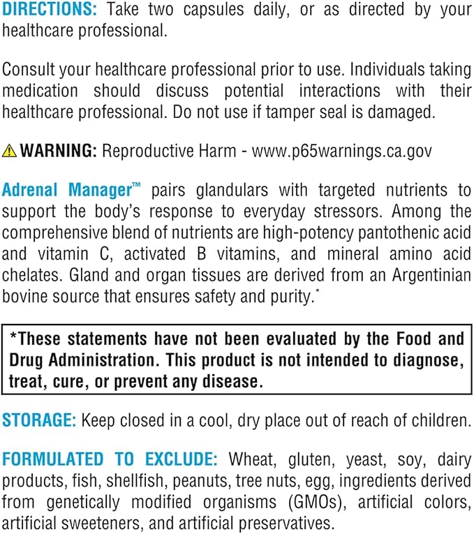 XYMOGEN Adrenal Manager - Adrenal Health Supplement for Everyday Stress Support - Argentinian Bovine Tissues - Pantothenic Acid Vitamin C Vitamin B6 - Dairy-Free &amp Gluten-Free - 120 Capsules