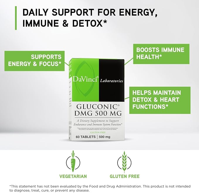 DAVINCI Labs Gluconic DMG 500 mg - Dietary Supplement to Support Endurance and Immune System Function* - with 500 mg NN-Dimethylglycine per Tablet - Vegetarian - Gluten-Free - 60 Chewable Tablets