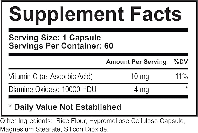 DAO Supplements Histamine Blocker – DAO Enzyme + Diamine Oxidase &amp Vitamin C for Gut Health &amp Food Support – 60 Servings - 1 Capsule Before Meals for Histamine Intolerance
