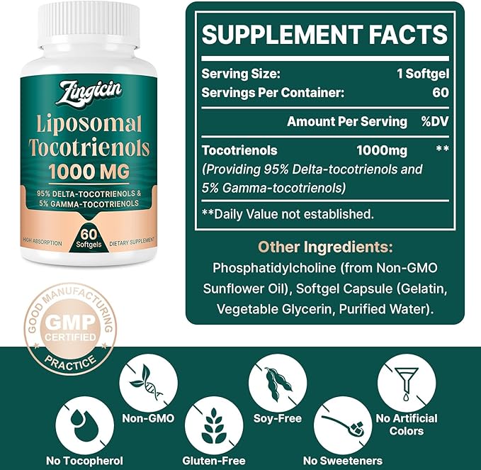 Vitamin E Tocotrienols - Liposomal Vitamin E Oil 1000mg Highly Absorbable Delta Tocotrienol and Gamma Tocotrienol 60 Softgels