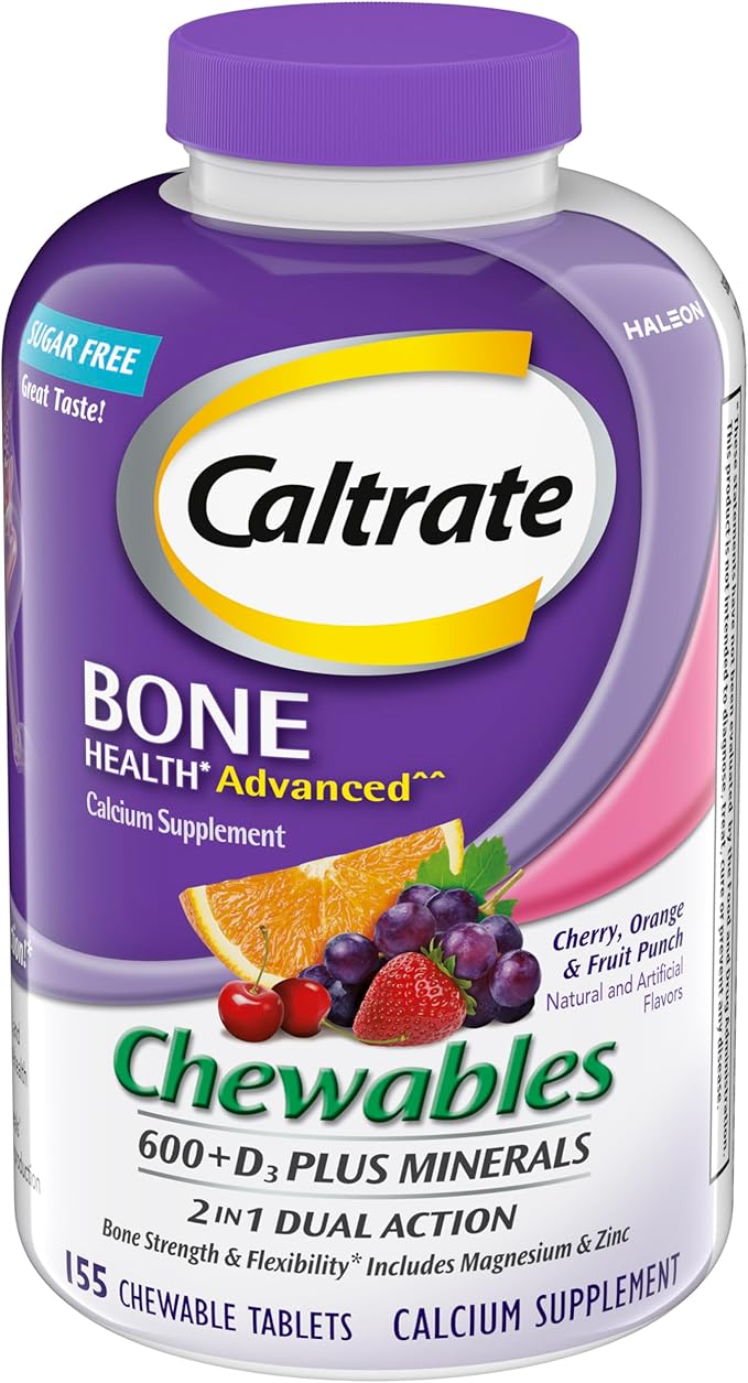 Caltrate Chewables 600 +D3 Plus Minerals Calcium and Vitamin D Sugar Free Cherry Orange and Fruit Punch 155 count