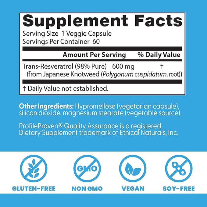 Doctor's Best Trans Resveratrol Supplement 600 mg for Men &amp Women - 98% Pure Trans-Resveratrol Capsules for Nutrition Health &amp Wellness Support Vegan Gluten Free Non GMO - 60 Veg Caps
