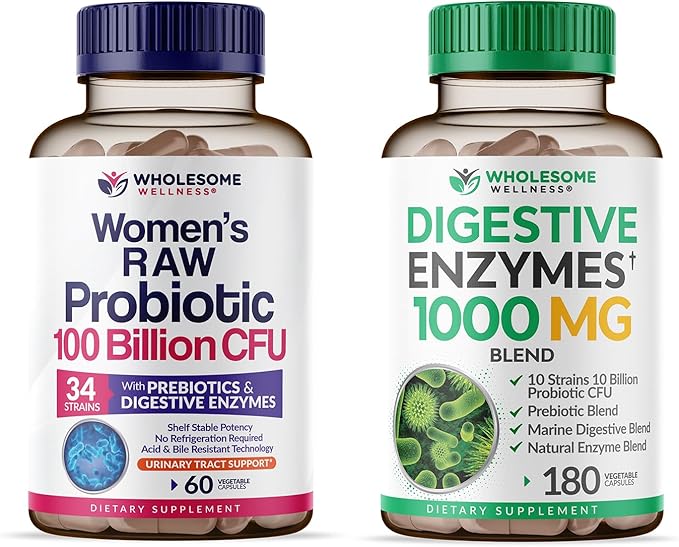 Wholesome Wellness Dr. Formulated Raw Probiotics for Women 100 Billion CFUs + Digestive Enzymes 1000MG Plus Prebiotics &amp Probiotics Supplement Bundle