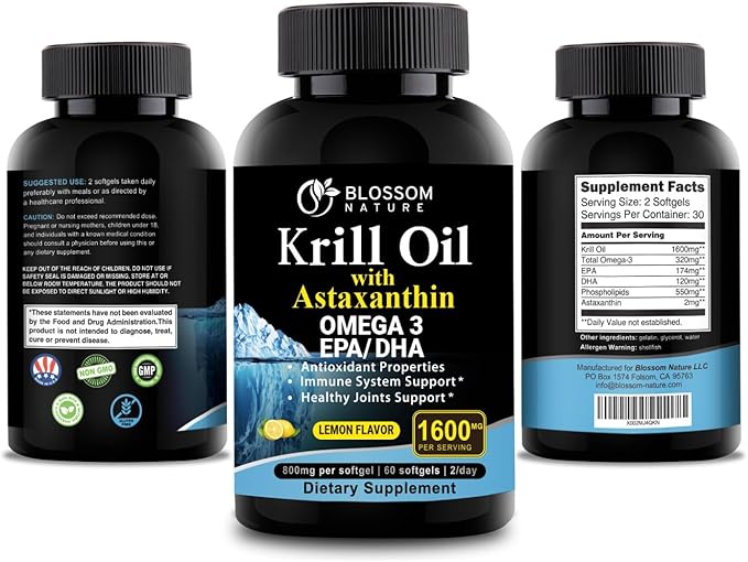 Antarctic Krill Oil Softgels–1600mg per Serving with 2mg Astaxanthin High Omega‑3 (174mg EPA &amp 120mg DHA) in Phospholipid Form–Supports Joint Heart Skin &amp Brain Health–60 Lemon-Flavored Sof