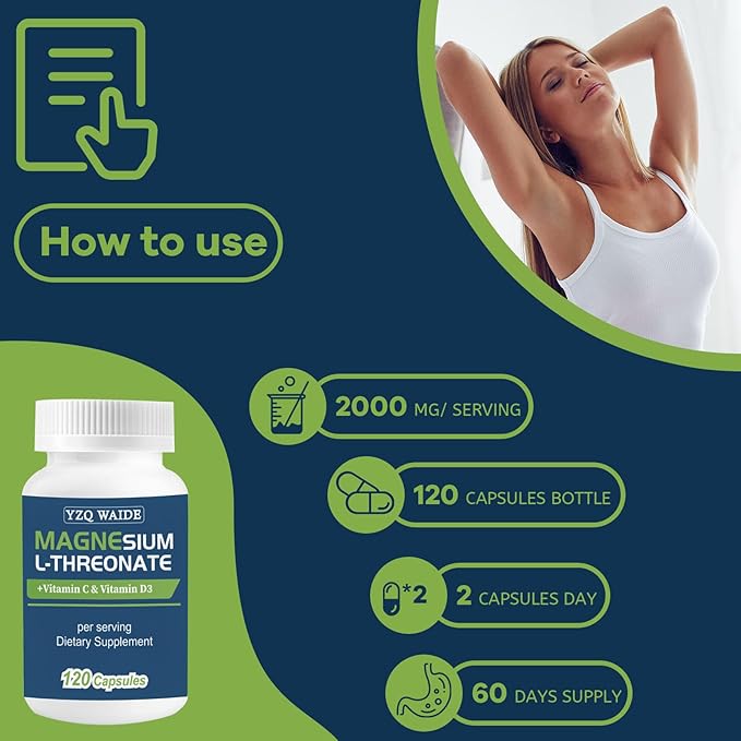 Magnesium L-Threonate Supplement 120 Capsules 2000 mg Magnesium Threonate with Vitamin C &amp D3 High Absorption Non-GMO (60 Days Supply)