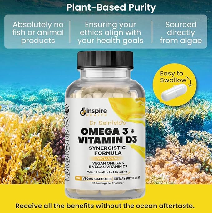 Dr. Seinfeld Vegan Algae Omega 3 and Vitamin D3 Supplement for Men and Women 90Ct
