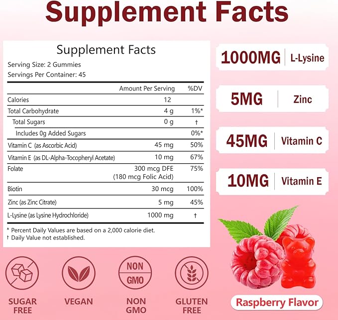 ABYSSUS Lysine Supplement – Sugar Free L-Lysine 1000MG Gummies Lysine for Women with Biotin &amp Folate Skin &amp Immune Support 90 Chewables