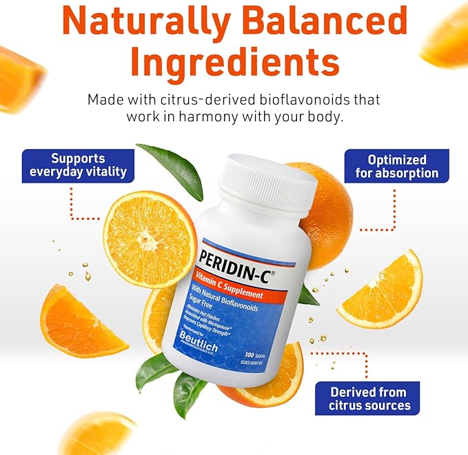 Peridin-C Vitamin C Supplement with Citrus Bioflavonoids – Daily Antioxidant Support – Gentle Sugar-Free Gluten-Free Formula – Easy-to-Swallow Tablets – 100 Count