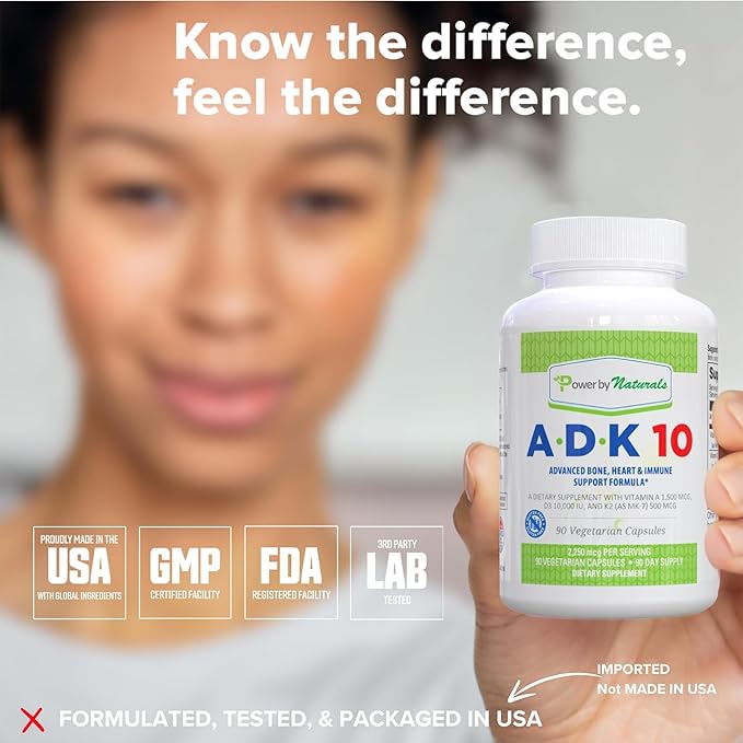 Power By Naturals ADK Vitamin Supplement – Vitamins A D3 250 mcg &amp K2 MK-7 for Bone &amp Immune Health – Gluten-Free Soy-Free – 180 Capsules 2-Pack (6-Month Supply)