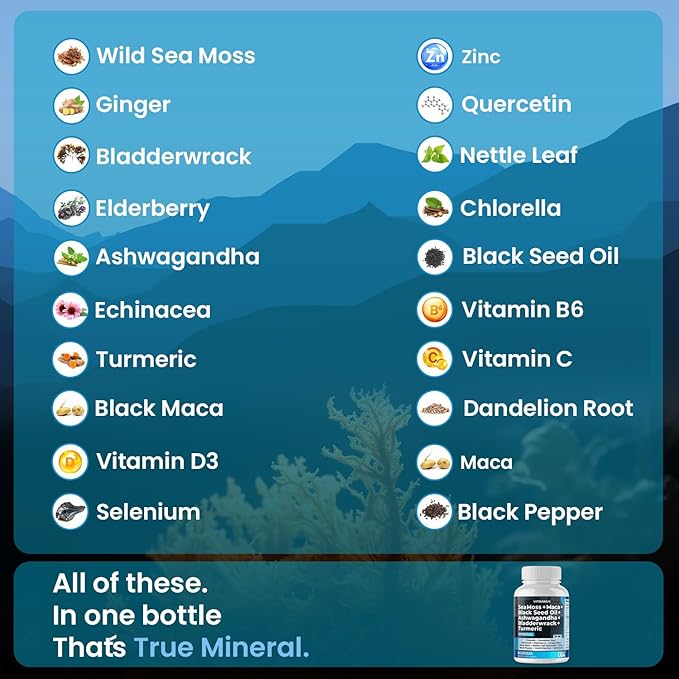 Sea Moss Maca Black Seed Oil Ashwagandha Bladderwrack Turmeric - Elderberry Vitamins C &amp D3 Dandelion &amp Black Pepper - Made in USA- 120ct
