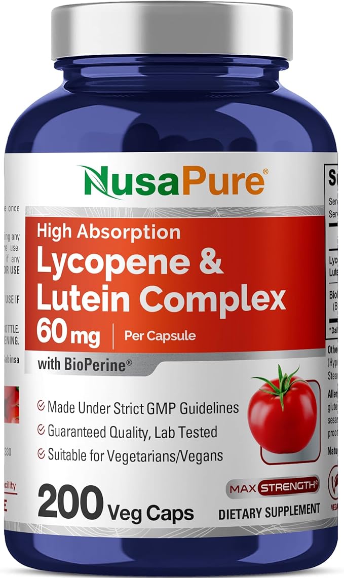 NusaPure Lycopene &amp Lutein Complex 60mg per Caps 200 Veggie Capsules (Non-GMO Vegan)