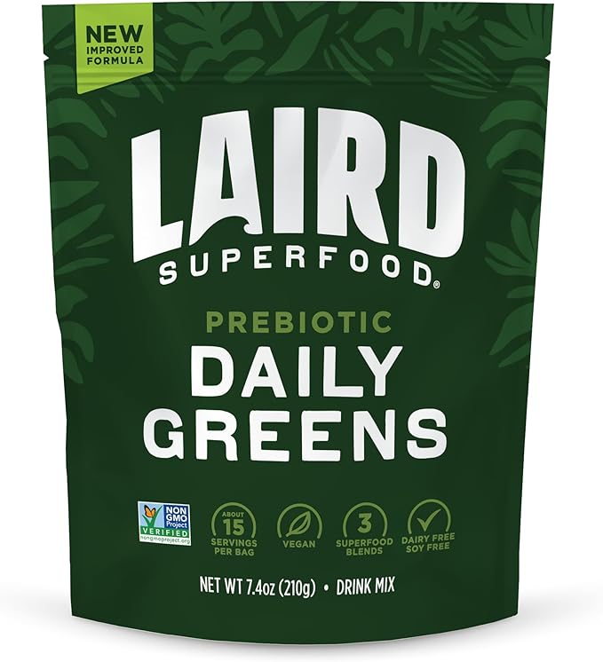 Laird Superfood Prebiotic Daily Greens Powder – Essential Vitamins &amp Minerals - Prebiotic Fiber Adaptogen and Fruits &amp Vegetables – Supports Gut Health – Non-GMO Vegan - 7.4 oz Bag Pack of