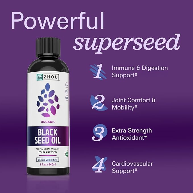 ZHOU Black Seed Oil &amp Elderberry Gummies with Vitamin C &amp Zinc - Black Cumin Seed Oil Cold Pressed Nigella Sativa Daily Immune Support Supplement for Women &amp Men - Pack of 2 8 fl oz + 6