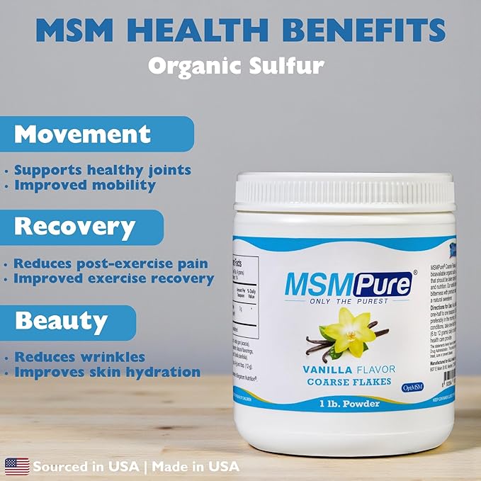 KALA HEALTH MSMPure Vanilla Flavored Coarse MSM Powder Flakes – US-Made MSM for Joint Health Skin Appearance and Hair &amp Nail Support – 1 lb Organic Sulfur