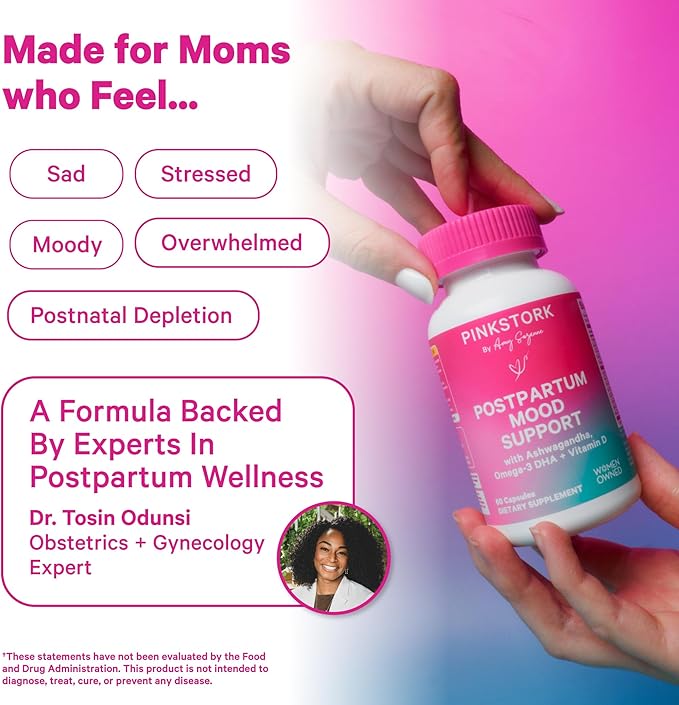 Pink Stork Postpartum Mood Support - Postnatal Hormone Balance for Women - Breastfeeding Friendly - Stress &amp Cognitive Support New Mom Essentials - Ashwagandha Chamomile &amp Vitamin D 60 Cap