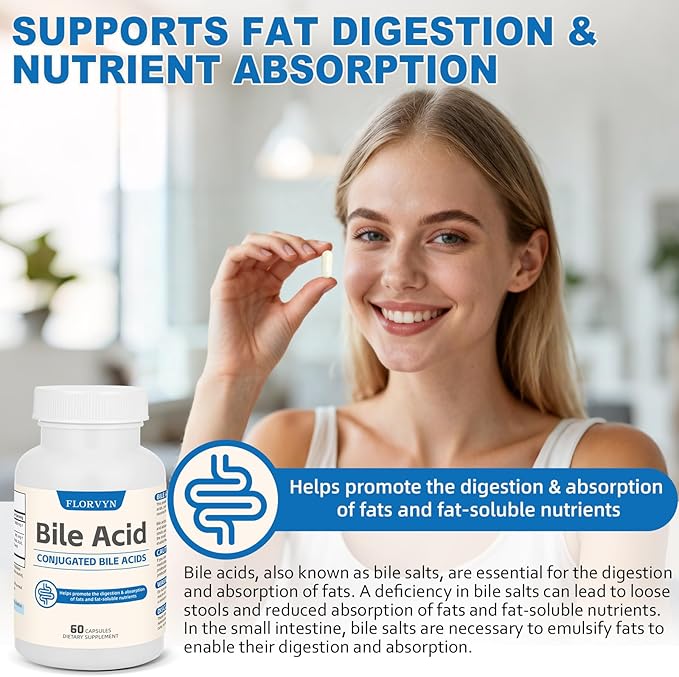 Conjugated Bile Acid Supplement 1000mg – Supports Fat Digestion &amp Absorption of Fats &amp Fat-Soluble Nutrients Gut Comfort &amp Nutrient Utilization 60 Capsules 30 Day Supply