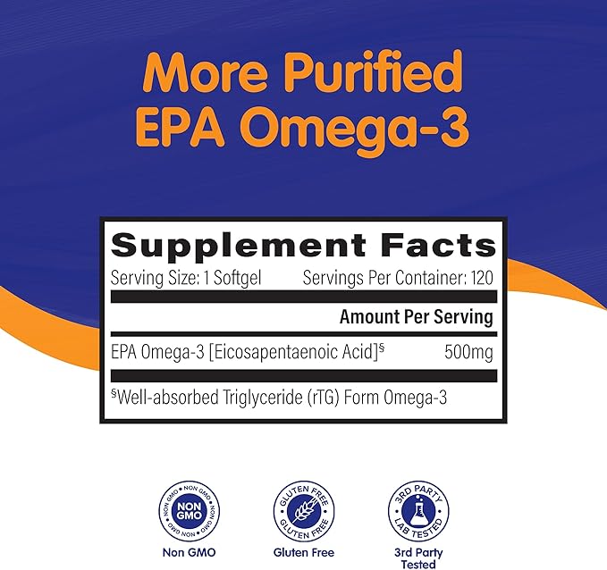 OmegaVia EPA 500 Purified Omega-3 Fish Oil Supplement 500 mg EPA in Triglyceride Form Burpless Fish Oil Non-GMO Gluten-Free IFOS 5-Star 120 Softgels