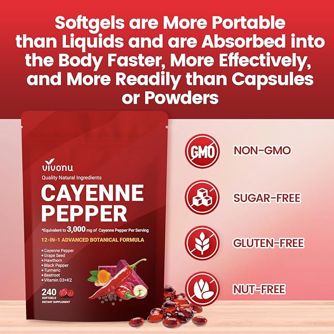Cayenne Pepper Softgels Supplement with Vitamin E D3+K2 and Extracts of Turmeric Grape Seed Hawthorn Beetroot Berberine and Others Supports Leg Vein Heart and Blood Vessel Health (3 Pack)