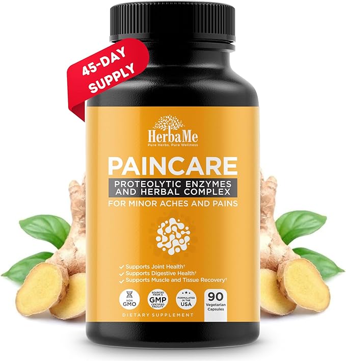 HerbaMe Proteolytic Enzymes Supplement with Serrapeptase - Devils Claw 90 Capsules Promotes Joints Relief Muscle and Tissue Health with Lasting Mobility Athletes Post Workout Recovery Support