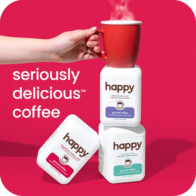 happy coffee medium roast ground coffee 12 oz. notes of berries &amp optimism recyclable container grown &amp harvested in Brazil &amp Colombia raíz sustainability verified (Pack of 2)