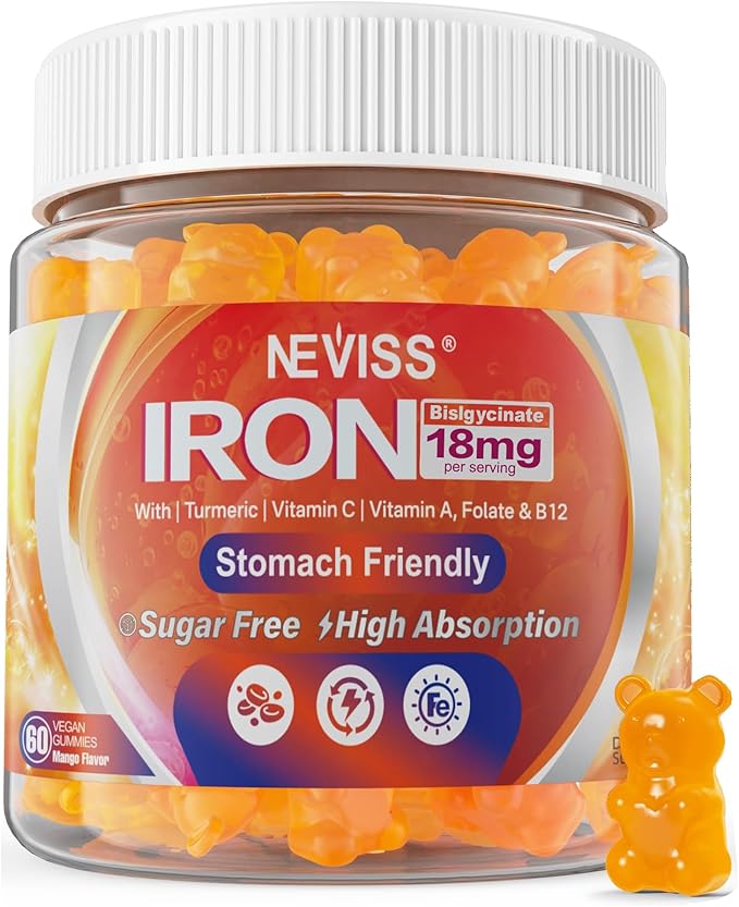 Vegan Iron Gummies Supplement with Vitamin C B12 Folate &amp Turmeric - Energy &amp Immune Health | Gummy Iron Bisglycinate 18mg Gentle &amp Non-Constipating for Iron Deficiency Anemia Women Men