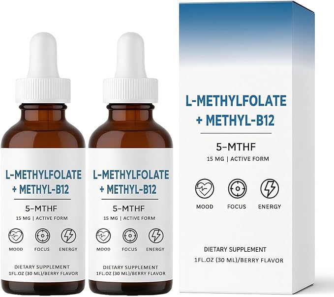 L-Methylfolate 15mg L-Methylfolate + Methyl-B12 Improved Focus and Attention Balanced Mood &amp Overall Wellness Organic Berry Flavor Liquid Sublingual Form 1fl oz