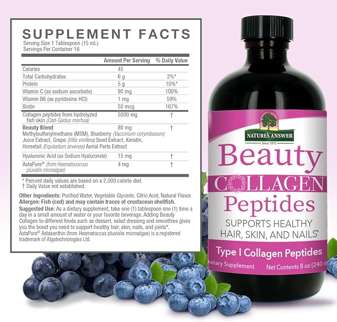 Nature's Answer Beauty Collagen Peptides 8 Fluid Ounces | Hair Skin &amp Nail Support | Gluten-Free | Alcohol-Free | Non-GMO | Cruelty-Free | Single Count