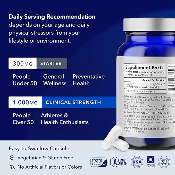 TRU NIAGEN Patented Extra Strength NAD Supplement for Brain Function Anti Aging Cell Regeneration | Supports Cellular Energy | Nicotinamide Riboside (NR) | 30-1000mg Servings (2x500mg Take 2 Daily)