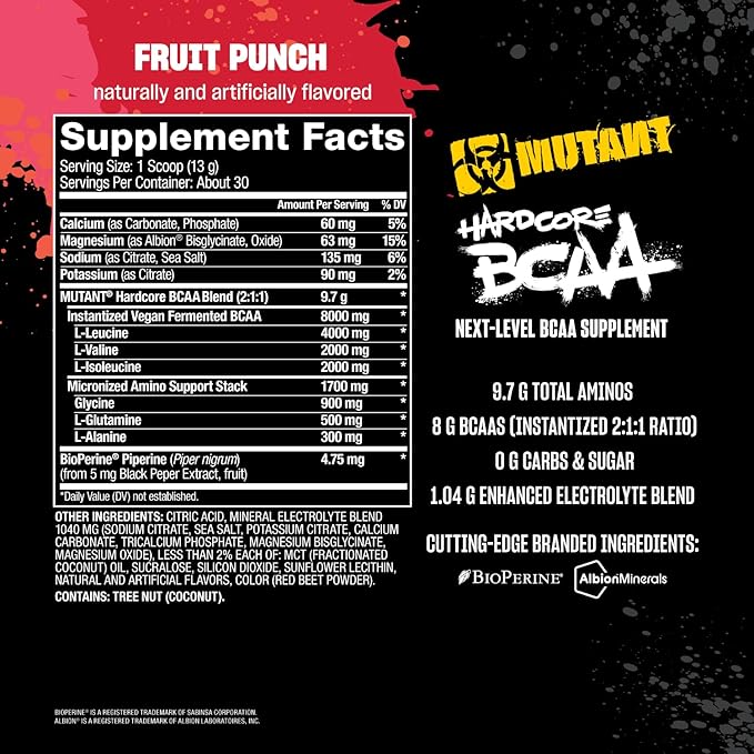 Mutant Hardcore BCAA - Pre Intra or Post Workout – BCAA Next Level branched-Chain Amino Acids Supplement – Hydration + Recovery - 30 Serving - Fruit Punch
