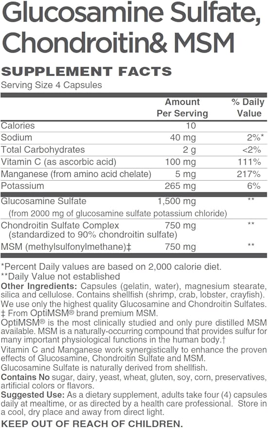 Glucosamine Sulfate Chondroitin &amp MSM Capsules (4 Cap High Potency Formula) (120 Capsules)