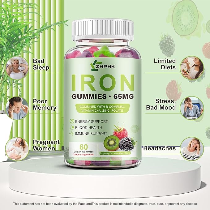 Iron Supplement for Women Men &amp Kids 65mg &amp Vitamin C 250mg per Serving with B6 B12 Folate- Energy Support for Iron Deficiency Anemia Vegan GummyRaspberry Kiwi &amp BlackBerry Flavor 60