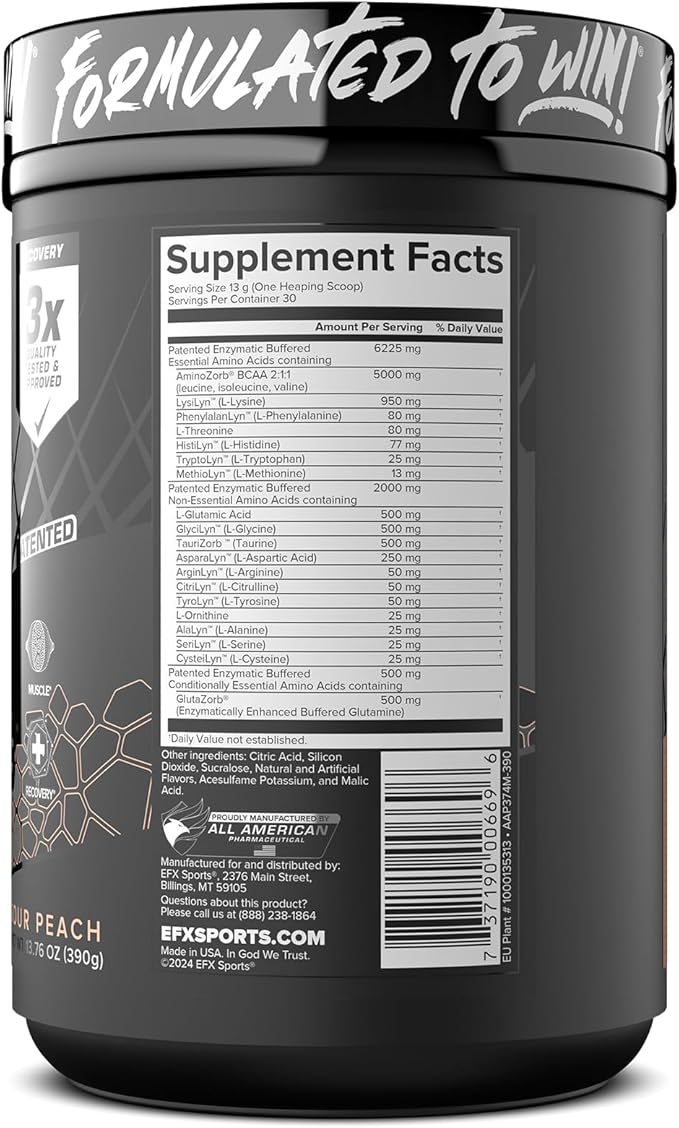 EFX Sports Aminozorb Elite 21 | PH-Correct Full Spectrum Aminos + Glutamine | Essential &amp Non Essential Aminos | Zero Sugars | 30 Servings (Sour Peach)