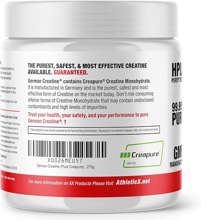 German Creatine - Micronized Creatine Monohydrate Powder 99.99% Pure Creapure for Muscle Growth Strength &amp Performance Supports Muscle Recovery 3rd Party Tested Unflavored - 270g (54 Servings