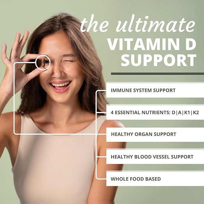 Optimal Health Systems Essential DAK1K2 | Vitamin D3 + A + K1 + K2 Immune Support Bone Health &amp Heart Health | Vitamin D w/MK-7 | 5000 IU | (Non-GMO Whole Food Gluten-Free) 60 Softgels