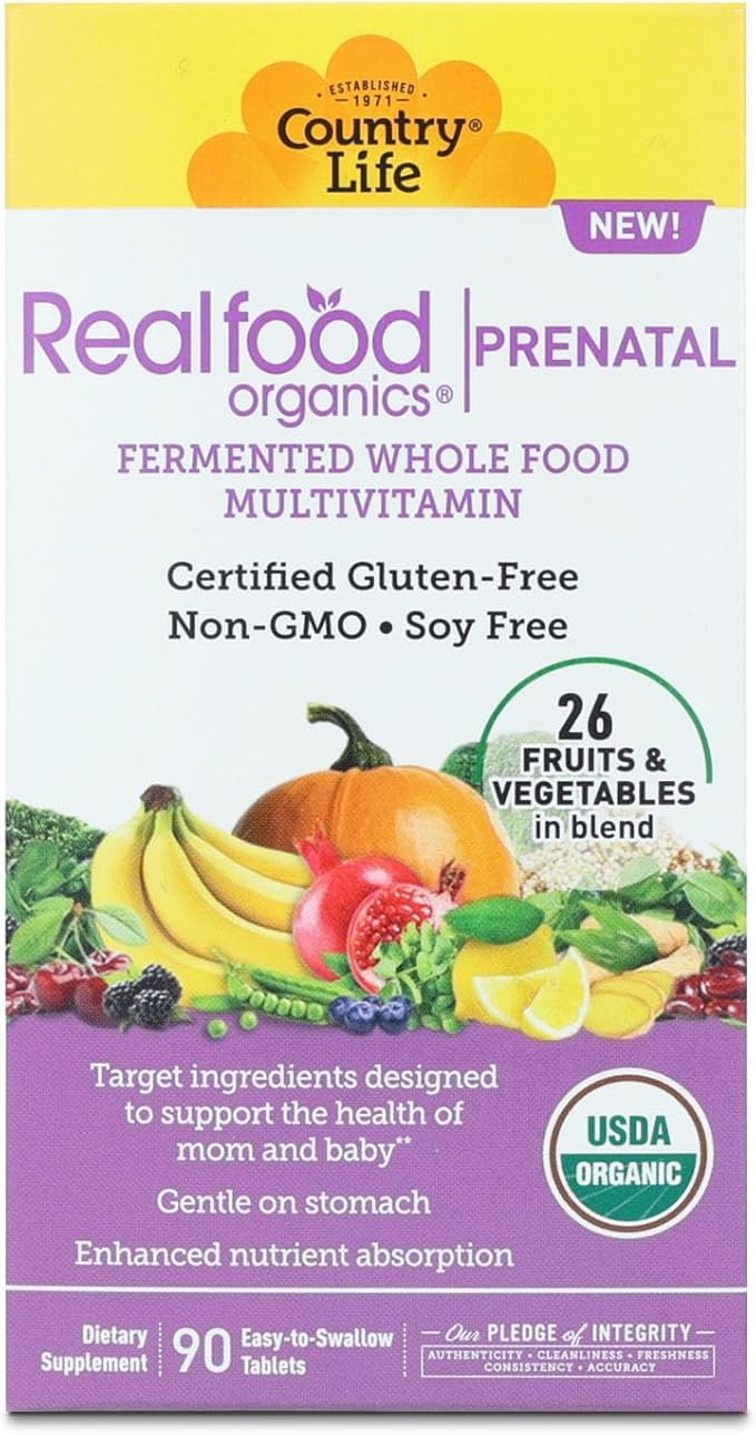 Realfood Organics Prenatal Multi - Before During &amp Post Pregnancy - Folate D3 &amp Iron to Support Healthy Fetal Growth and Development* Gentle on Stomach Gluten-Free Soy Free 90 Tablets