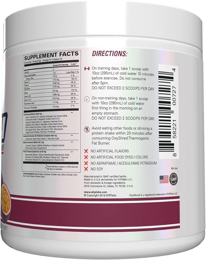 EHP Labs OxyShred Pre Workout Powder &amp Shredding Supplement - Preworkout Powder with L Glutamine &amp Acetyl L Carnitine Energy Boost Drink - Passionfruit 60 Servings