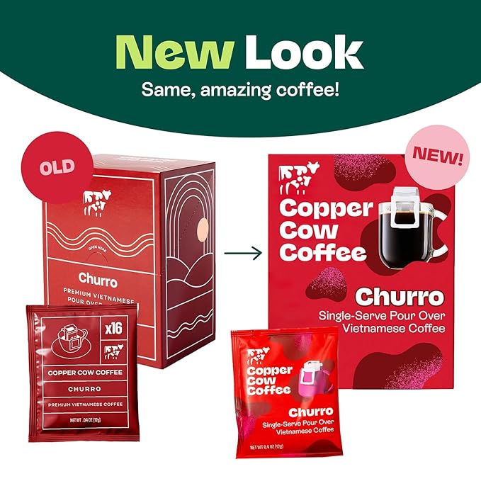 Copper Cow Coffee Pour Over Vietnamese Coffee Pouches + Sweetened Condensed Milk Creamers (8 Coffees &amp 8 Milk Creamers) | Churro Lattes No Refrigeration Needed Travel Friendly Ground Coffee