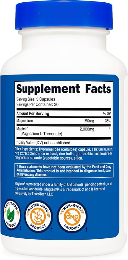 Nutricost Magtein Magnesium L-Threonate 2000mg 90 Capsules - Gluten Free Vegetarian 30 Servings