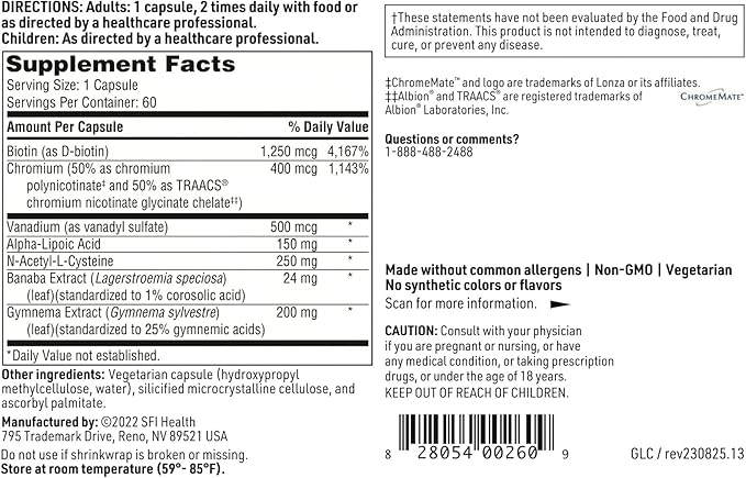 Klaire Labs SFI Health GlucoThera - Hypoallergenic Chromium Complex with Alpha-Lipoic Acid Banaba Extract &amp Vanadium (60 Capsules)