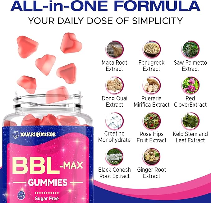 Jovariquethor Booty Gummies for Women - BBL Gummies with Multivitamins and Herbal Extracts - Peach Flavor - 120 Count