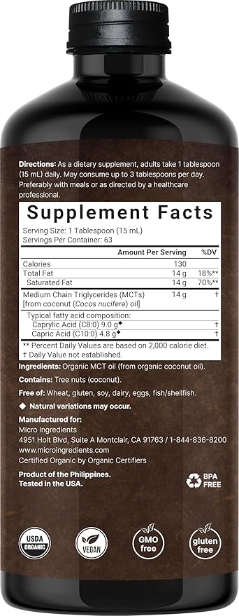 MCT Oil Organic 32 fl oz |100% Virgin Coconut with C8 + C10 Fatty Acids | Great for Coffee or Dressings | Unflavored Keto Vegan