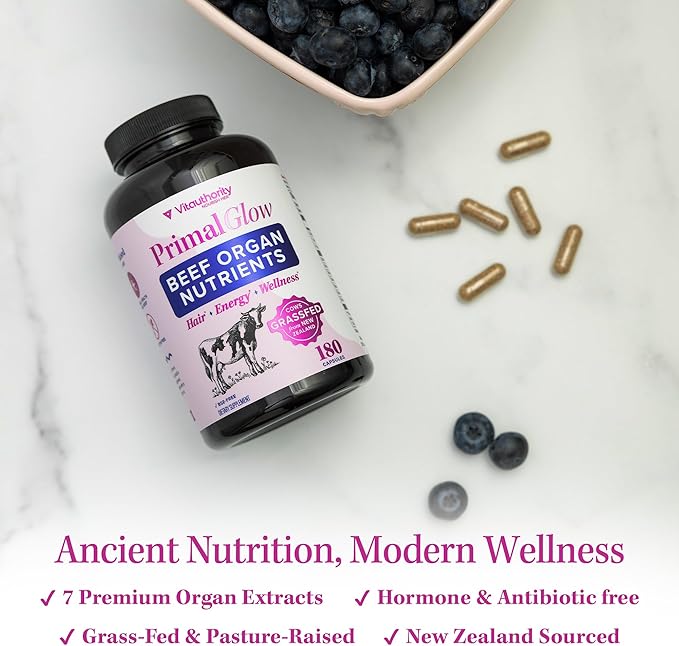 Beef Organ Supplement for Women | Grass-Fed Pasture-Raised New Zealand Bovine | 7 Organ Extracts with Liver Heart Kidney Bone Marrow &amp More Energy Digestion &amp Skin Support Primal Glow 30