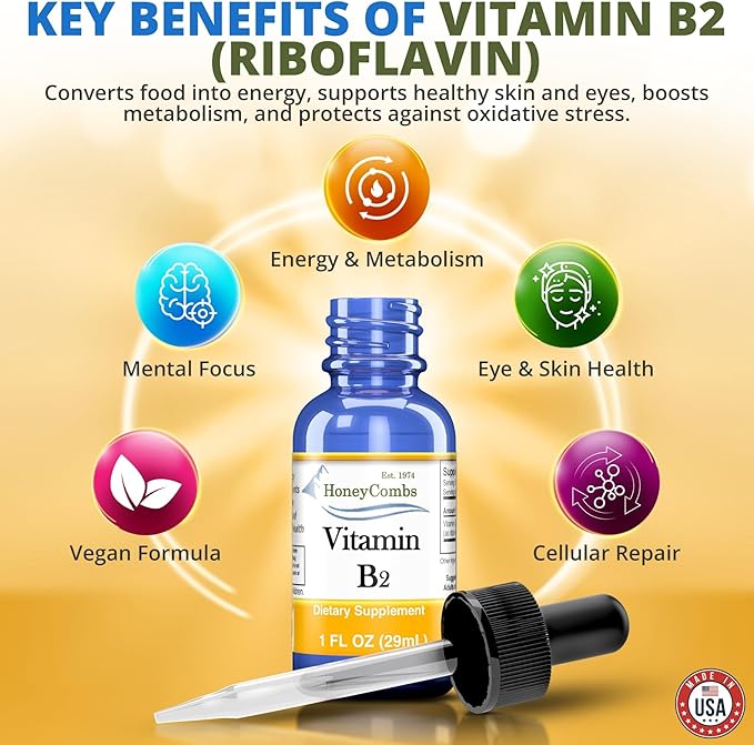 HoneyCombs Vitamin B2 Riboflavin Liquid Drops - Made in The USA - Natural High Potency Fast Absorption Vitamin B2 for Men Women &amp Children - Vegan Formula - Bulk Sizes Also Available