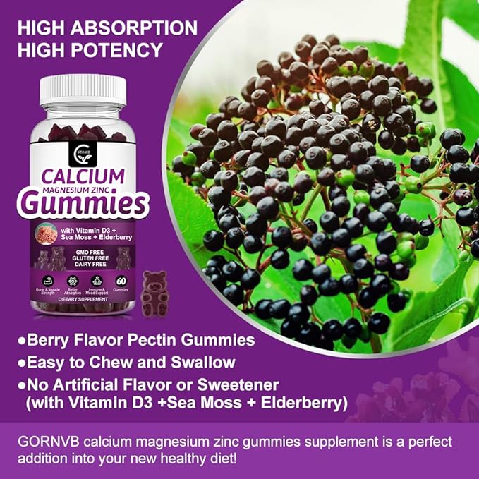 Calcium Magnesium Zinc Gummies with High Absorption Magnesium Glycinate 300mg Potassium - Plant Complex Calcium Magnesium 2:1 Ratio with D3 Sea Moss for Bone Immune &amp Sleep Support Vegan-2 Pac