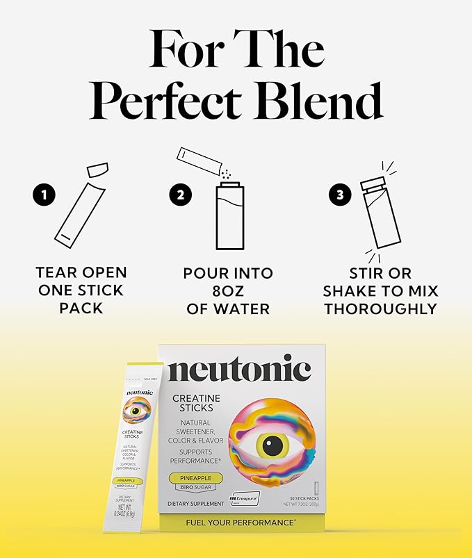 Neutonic Creatine Monohydrate | Pineapple Flavored | Premium Micronized Creapure Creatine Powder | Supports Strength and Power | Zero Sugar Vegan | Convenient Single-Serve Packets | 30 Sticks
