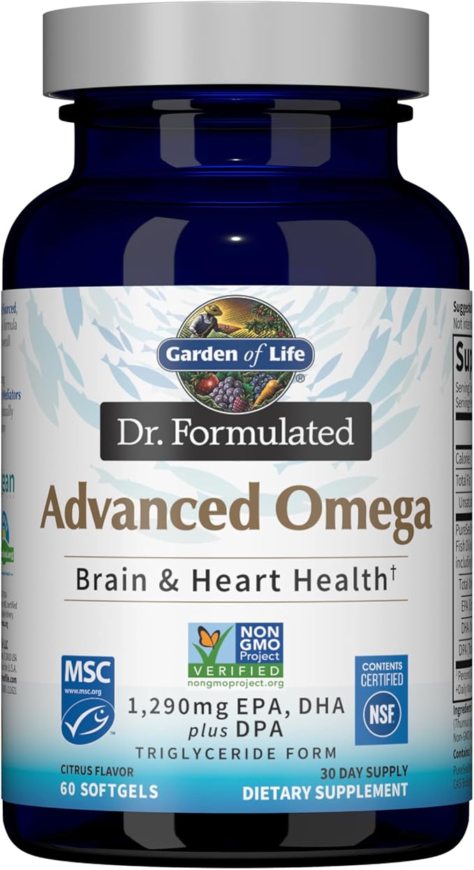 Garden of Life Dr. Formulated Advanced Omega Fish Oil - Lemon 1290mg EPA DHA + DPA in Triglyceride Form Single Source Omega 3 Supplement for Ultimate Brain &amp Heart Health Non-GMO 60 Softgels