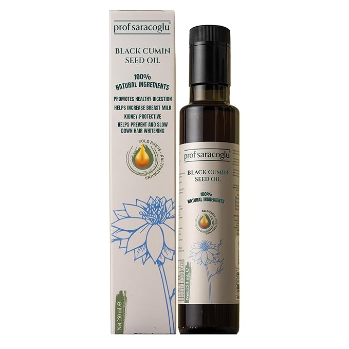 Prof Saracoglu Premium Black Seed Oil Cold Pressed Glass Bottle- Turkish Nigella Sativa- Unrefined &amp Solvent Free Liquid Black Cumin for Hair Skin &amp Immune Support Non-GMO Mild Taste- 8.45